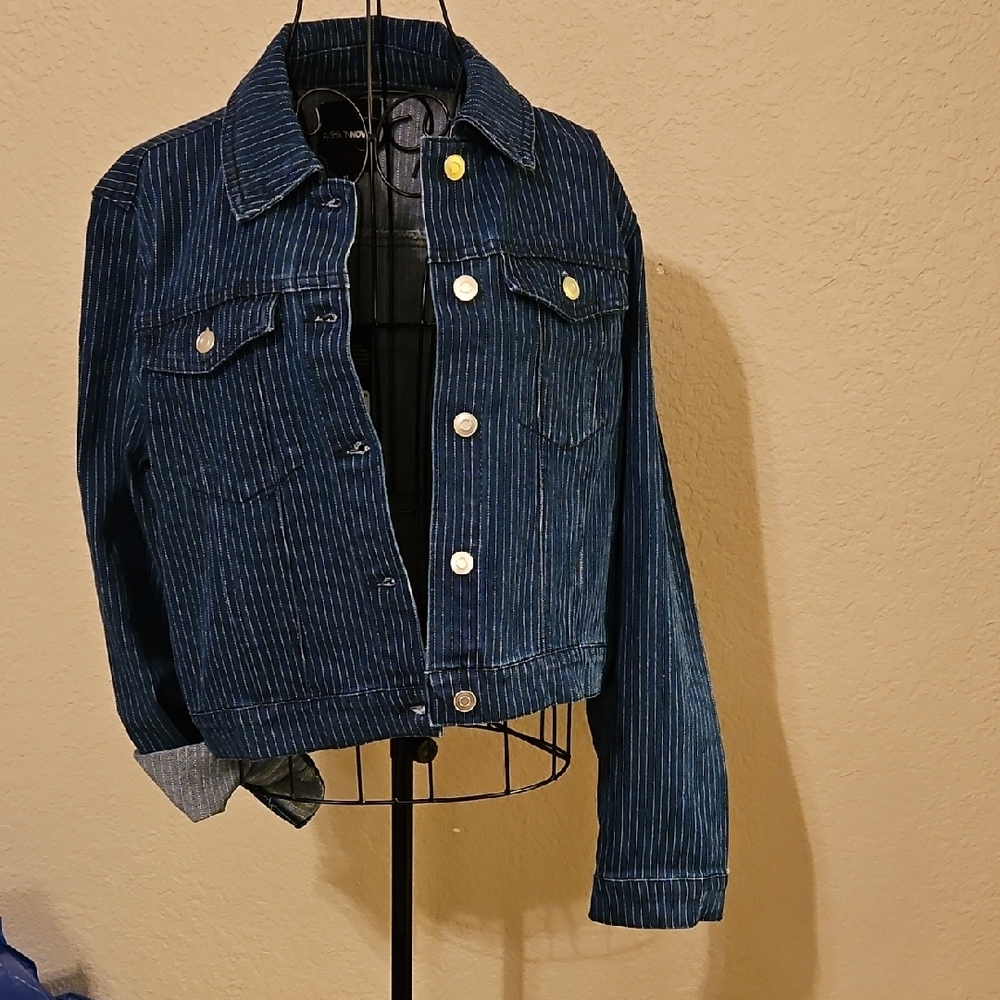 Fashion Nova Dark Blue Pinstripe Denim Jacket